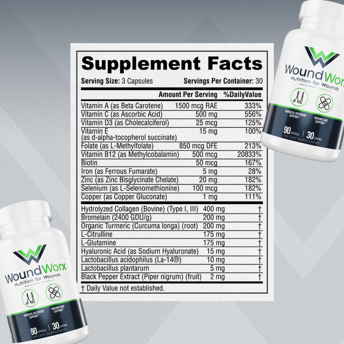 Free Life Labs WoundWorx Nutrition-Scar and Surgery Support, Wound Care, General and Plastic Surgery, Healing Support, Amino Acids, Collagen, Probiotics, Turmeric, Bromelain-90 caps