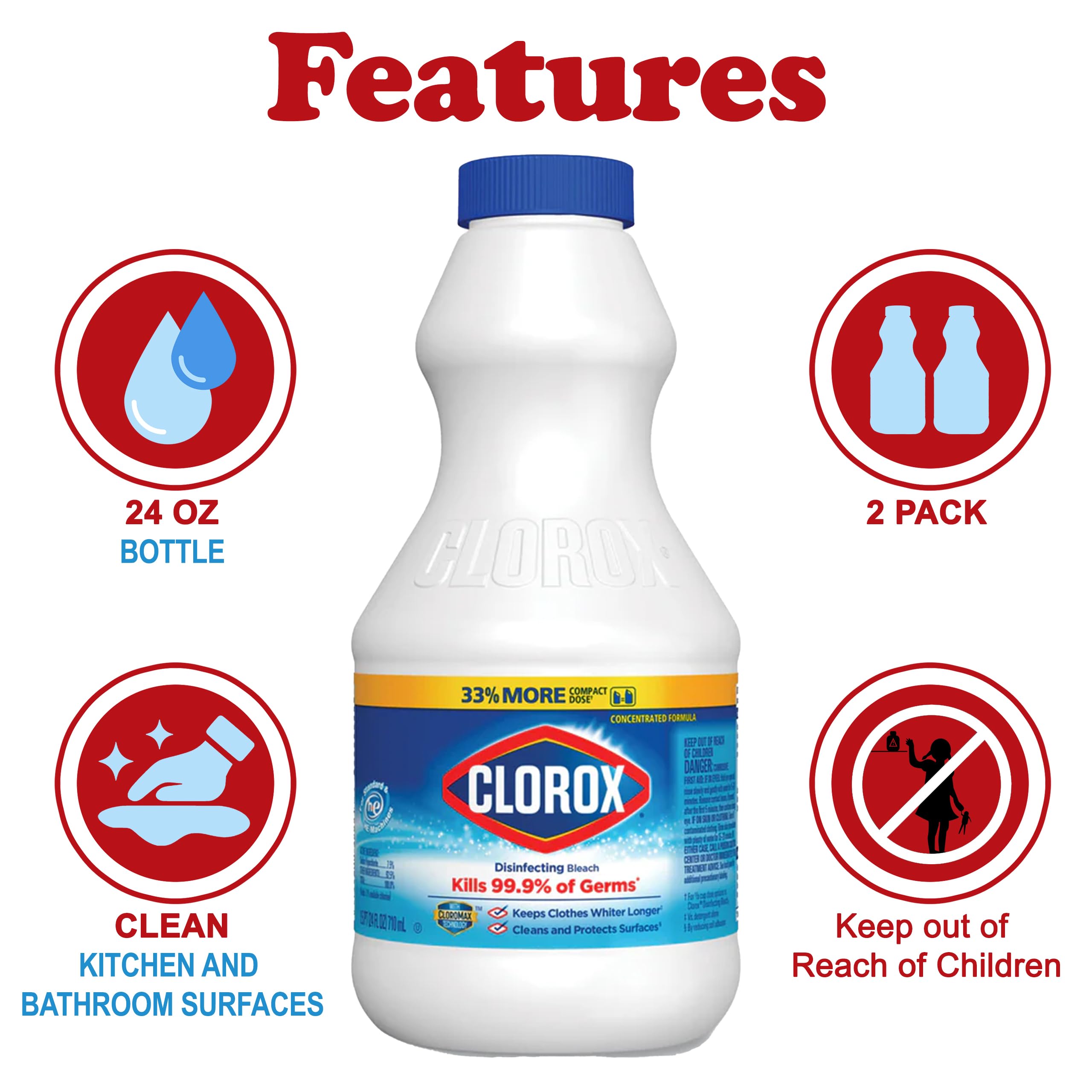 Clorox Regular Disinfecting Bleach Cleaner, 2 Pack Concentrated Liquid Bleach, Removes Mold, Mildew and Stains, Whitens, for Multi Purpose Cleaning and Laundry, 24 oz Bottles