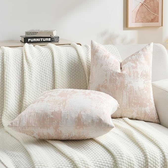 FUTEI Pink White Decorative Throw Pillow Covers 22x22 Inch Set of 2,Soft Faux Cashmere Jacquard - Textured & Cozy Cushion Case,Modern Home Decor for Couch Bed Living Room