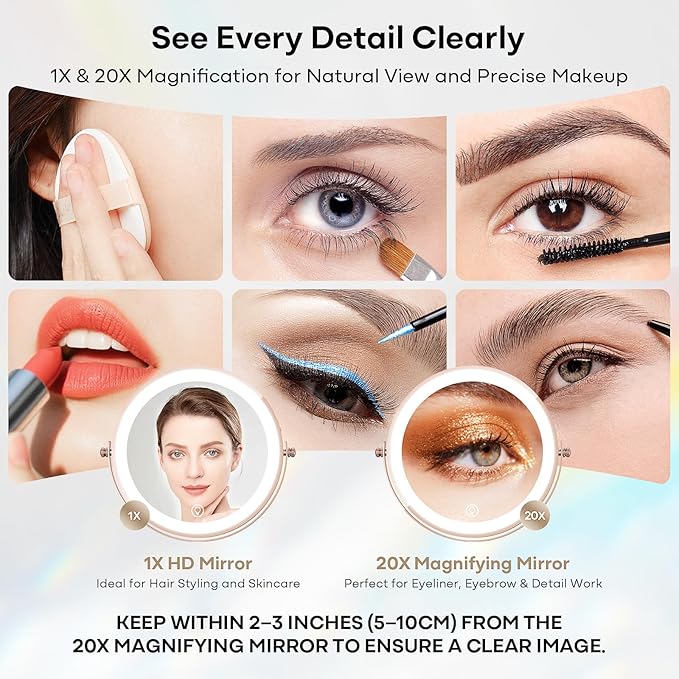 Makeup Mirror with Lights, 5000 mAh Rechargeable Double Sided Magnifying Vanity Mirror with 3 Colors, 1x/20x, 360° Rotation , Brightness Adjustable Magnification Lighted Makeup Mirror, Women Gift