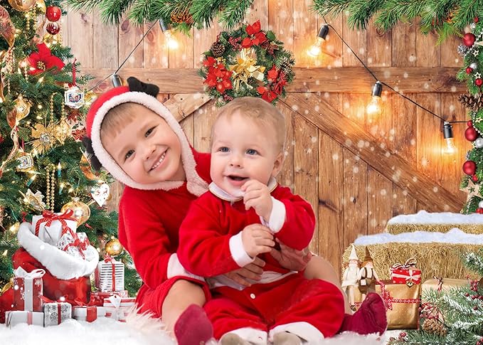 CYLYH 10x8FT Christmas Barn Wood Door Photography Backdrop Xmas Tree Snow Gift Wall Floor Party Photo Background for Holiday New Year Party Banner Family Holiday Party Supplies D554