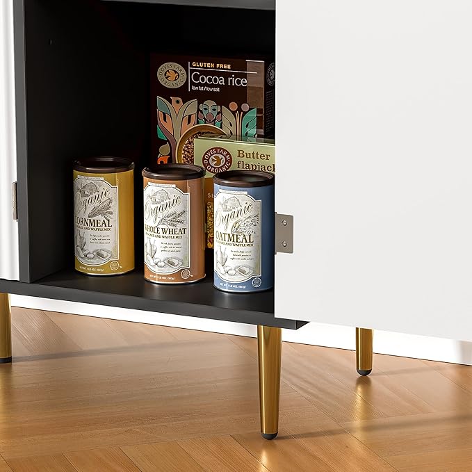 Fluted Buffet Sideboard with 3 Doors, Modern Accent Cabinet with Adjustable Shelves, Kitchen Storage Cabinet with Golden Handles, Coffee Bar for Kitchen, Black & White