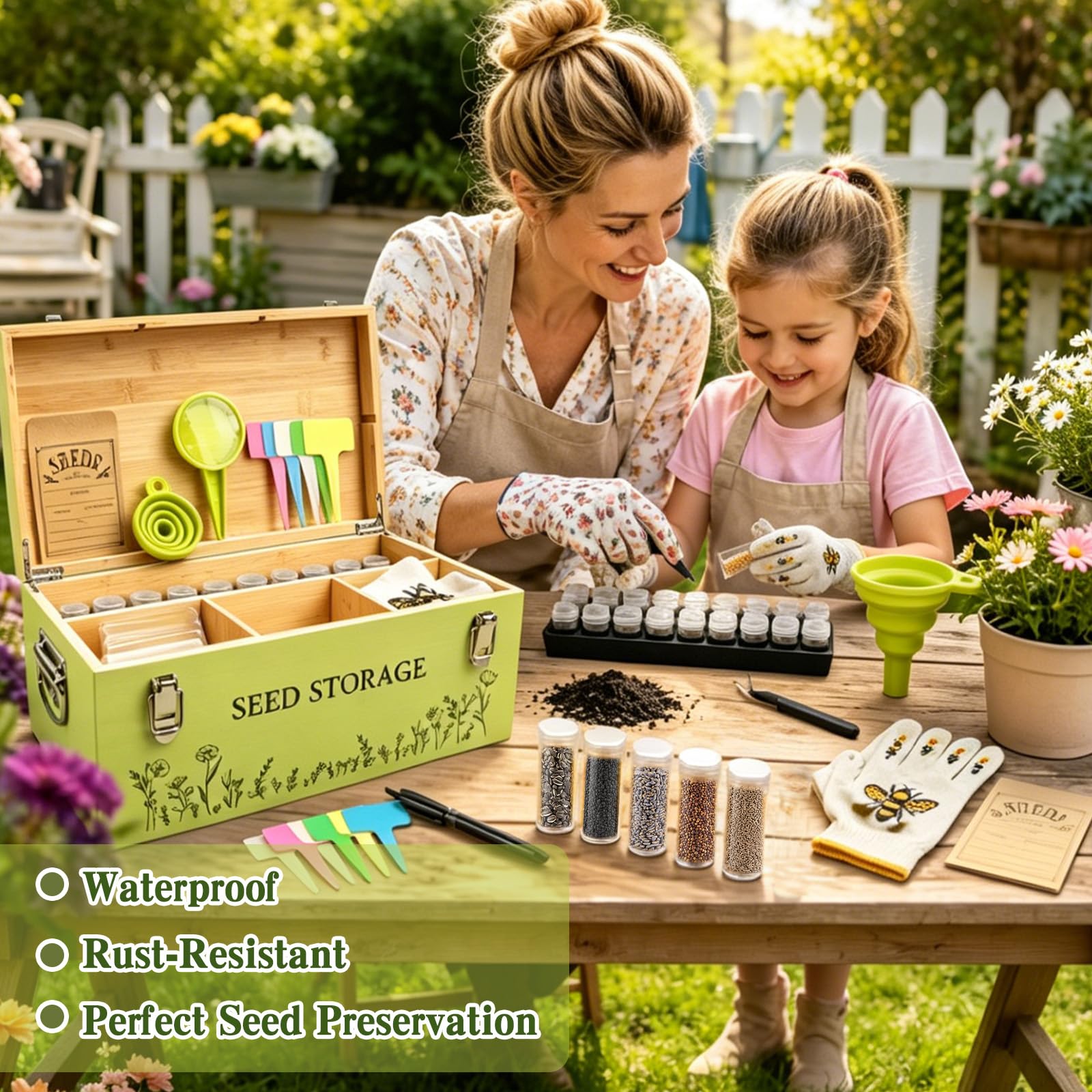 Fayoo Wooden Seed Storage Organizer Box with 40 Seed Vials & 20 Envelopes, Rustic Seed Saving Kit for Vegetable, Flower Seeds, Decorative Garden Seed Storage Container, Gardening Gifts for Women