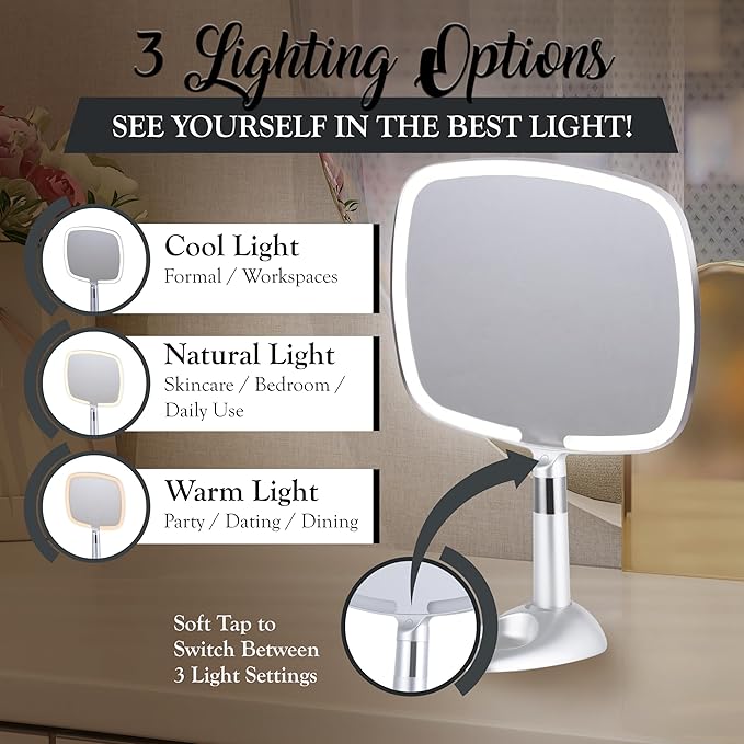 MIRRORVANA Lighted Travel Makeup Mirror - 2 in 1 Hand Mirror & Table Mirror with 3 Lighting Modes, Detachable Stand and Comfy Handle - 9" x 13" (Shiny Silver)