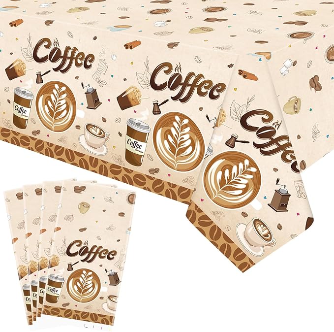 4 Pack Coffee Party Tablecloth - Coffee Table Cover Decoration Tablecover for Party Baby Shower Supplies Birthday Decorations (51 x 86 Inches)