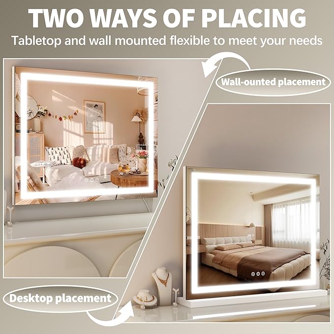 FENNIO 23" x 18" Vanity Mirror with Lights，LED Makeup Mirror，Hollywood Mirror with 3 Color Modes & Adjustable Brightness，Vanity Mirror Square White