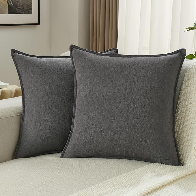 FUTEI Dark Grey Chenille Throw Pillow Covers 22x22 Inch Set of 2,Edges Double-Stitched Cushion Cases,Modern Home Decor for Couch Living Room