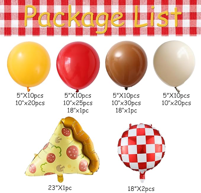 Pizza Balloon Garland Arch Kit 140Pcs Red Yellow Brown Sand White Balloons with Pizza and Red Checked Foil Balloons for Barbeque Gender Reveal Baby Shower Slice Slice Baby Party Decorations
