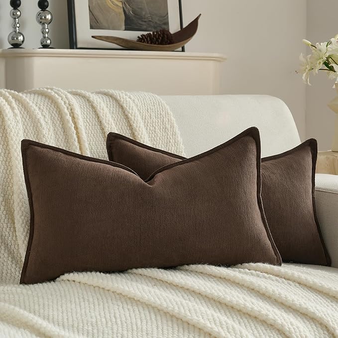 FUTEI Dark Coffee Chenille Throw Pillow Covers 12x20 Inch Set of 2,Edges Double-Stitched Lumbar Pillow Cases,Modern Home Decor for Couch Living Room