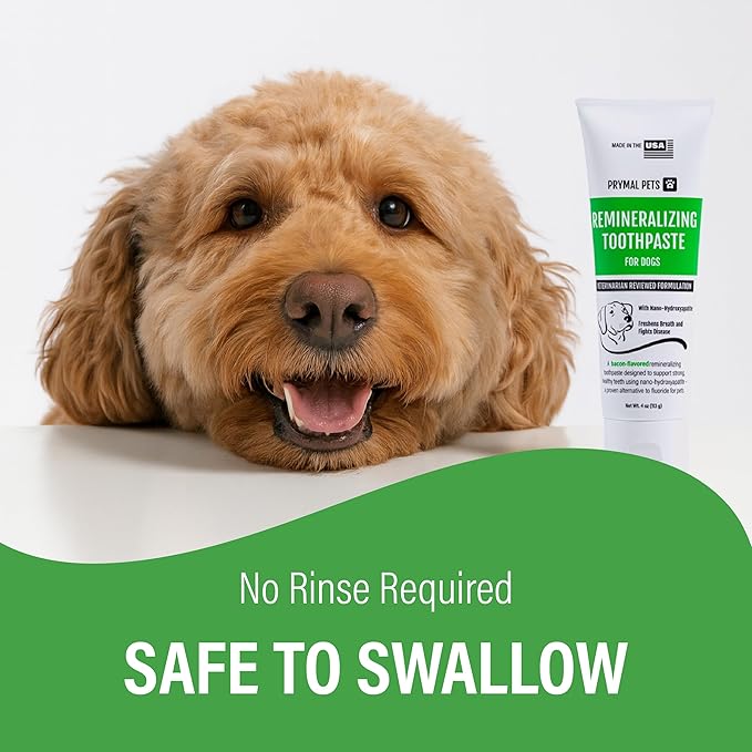 Prymal Pets Remineralizing Dog Toothpaste with Nano-Hydroxyapatite – Bacon Flavor, Fluoride-Free & Safe to Swallow, Veterinarian Reviewed, Made in USA, Fights Plaque & Freshens Breath (4 oz)
