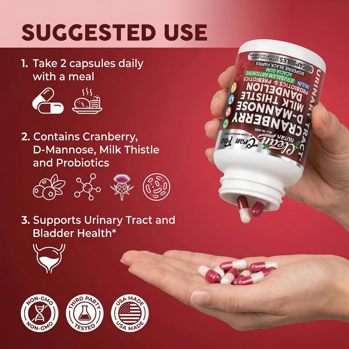 Cran Flow Cranberry Pills for Urinary Health D-Mannose Milk Thistle Dandelion Inulin Vitamin C Prebiotics and Probiotics Bladder Support By Clean Nutra