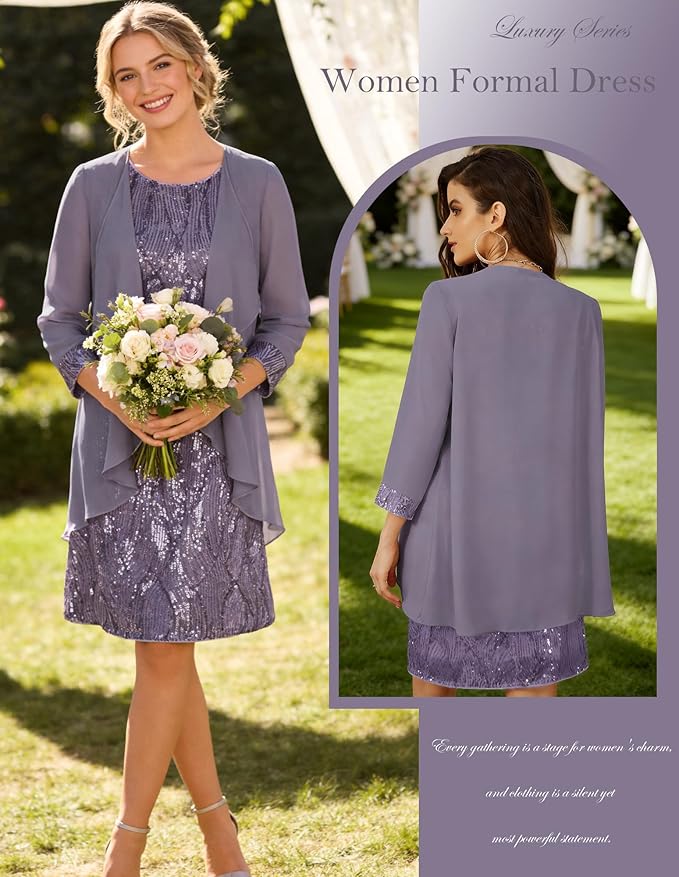 GRACE KARIN Women's Sequin Dress - Wedding Guest & Mother of The Bride Formal Dress - Two Piece Knee Length