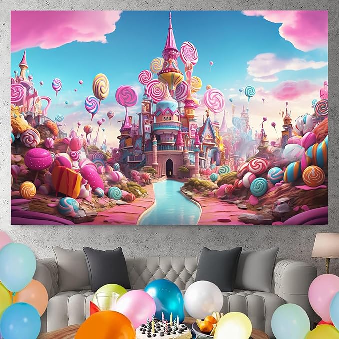 6x4ft Candyland Backdrop Fantasy Pink Castle Sweet Candy Photography Background Girls Birthday Candyland Theme Party Decorations Banner Photo Studio Props