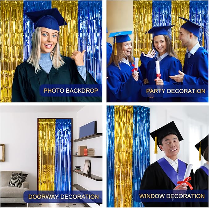 LOLStar Graduation Party Decoration, 4 Pack Blue and Gold 3.3x6.6 ft Foil Fringe Curtains, Tinsel Backdrop, Graduation Photo Booth Prop Streamer Backdrop for Class of 2026, Prom and Grad Party Decor