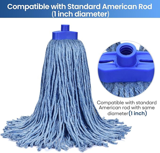 Matthew Cleaning Screw-on Heavy Duty Cotton Wet Mop Replacement Heads(Blue, Medium,3Pack) for Residential & Commercial Floor Cleaning Use- Fit Standard American Screw