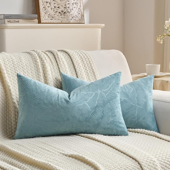 FUTEI Grey Blue Velvet Throw Pillow Covers 12x20 Inch Set of 2,Soft Embossed Leaf-Relief Textured Lumbar Pillow Cases,Natural Home Decor for Couch Living Room