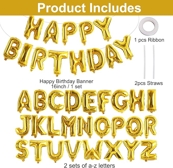 TONIFUL 65 Pcs 16 Inch Gold Happy Birthday Balloons and 2 Sets A-Z Foil Letters Balloons DIY Personalized Phrase Banner for Thanksgiving Christmas Birthday Celebration Halloween Party Decorations