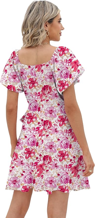 Sampeel Womens Summer Dresses Square Neck Puff Sleeve Tie Waist Short Dress