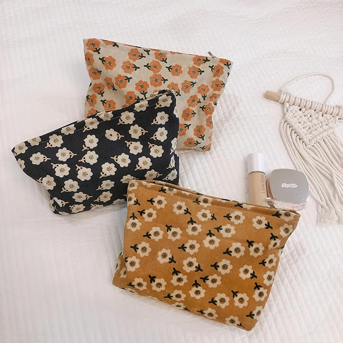 HAPPYHEIDI Women Floral Corduroy Canvas Makeup Bag Travel Cosmetic Pouch Purse Organizer, Cute Beige