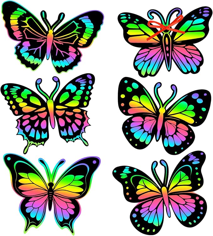 JULMELON 36 PCS Butterfly Scratch Cards, Rainbow Scratch Paper with 12 Bamboo Stylus Scratch Art for Kids Butterfly Party Favors Kids Crafts Bulk for Classroom Games DIY Handmade Family Party Gifts