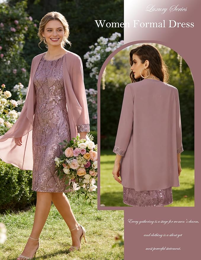 GRACE KARIN Women's Sequin Dress - Wedding Guest & Mother of The Bride Formal Dress - Two Piece Knee Length