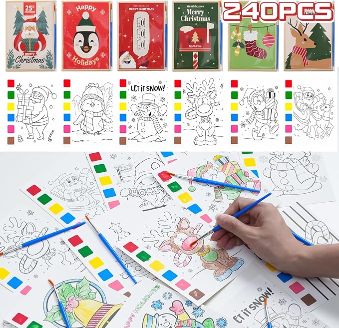 Rotu Christmas Party Favors for Kids - Stocking Stuffers for Kids - Christmas Gifts for Kid, Watercolor Coloring Books with Xmas Cards, Xmas Crafts Classroom Prizes Paint Set, 30 Pack(240 PCS)
