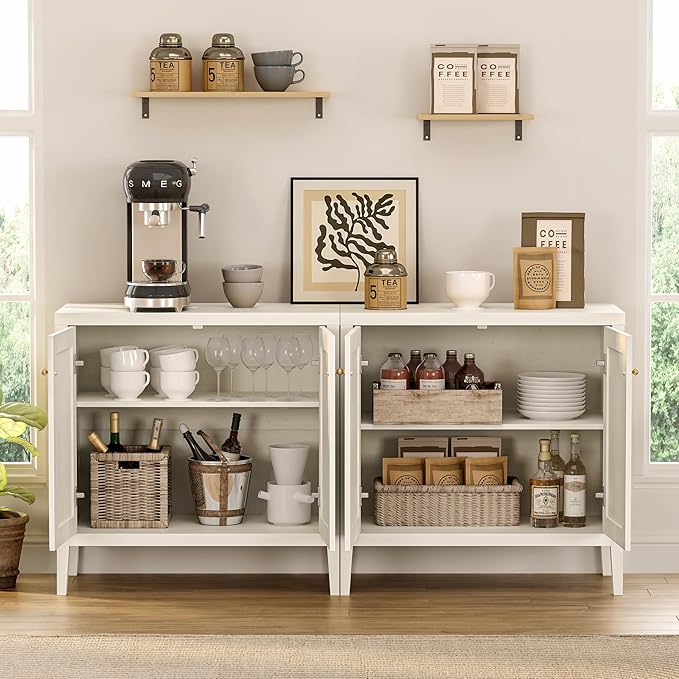 Sideboard Buffet Cabinets Set of 3 with Adjusable Shelves, Farmhouse Storage Cabinet, Credenza, Accent Cabinet, Kitchen Coffee Bar Console Table for Living Dining Room, Antique White