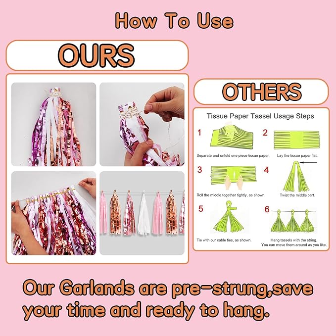 BEISHIDA 3 Packs White Pink Rose Metallic Foil Fringe Tassel Garland Banner Streamers for Girl Birthday Bridal/Baby Shower Wedding Engagement Valentine's Day Anniversary Women's Party Decoration