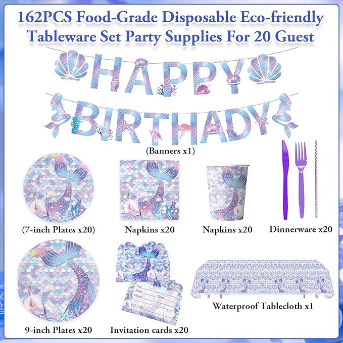 Mermaid Party Supplies Tableware Set,Purple Birthday Decoration Including Plates Napkins Cups Invitation Cards Banners Tablecloths Knife Fork Straws for Party Baby Shower Decorations,Serves 20