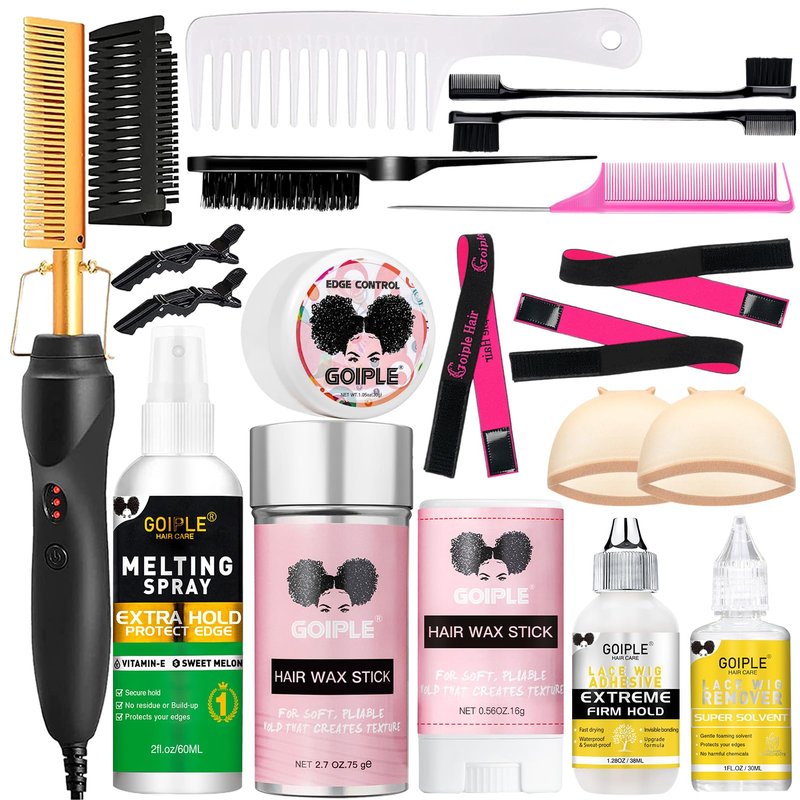 Electric Hot Comb Hair Straightener, Deluxe Electrical Straightening Comb Curling Iron for Natural Black Wigs, Hot Comb Electric for Wigs Pressing Combs with Wig Glue Melting Spray Hair Wax Stick