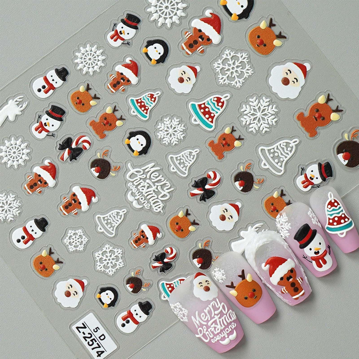 4 Sheet Christmas Nail Art Stickers Xmas Nail Decals 5D Self-Adhesive Winter Nail Sticker Snowflakes Christmas Tree Elk Gingerbread Man Snowman Design for Women Holiday Manicure Decoration