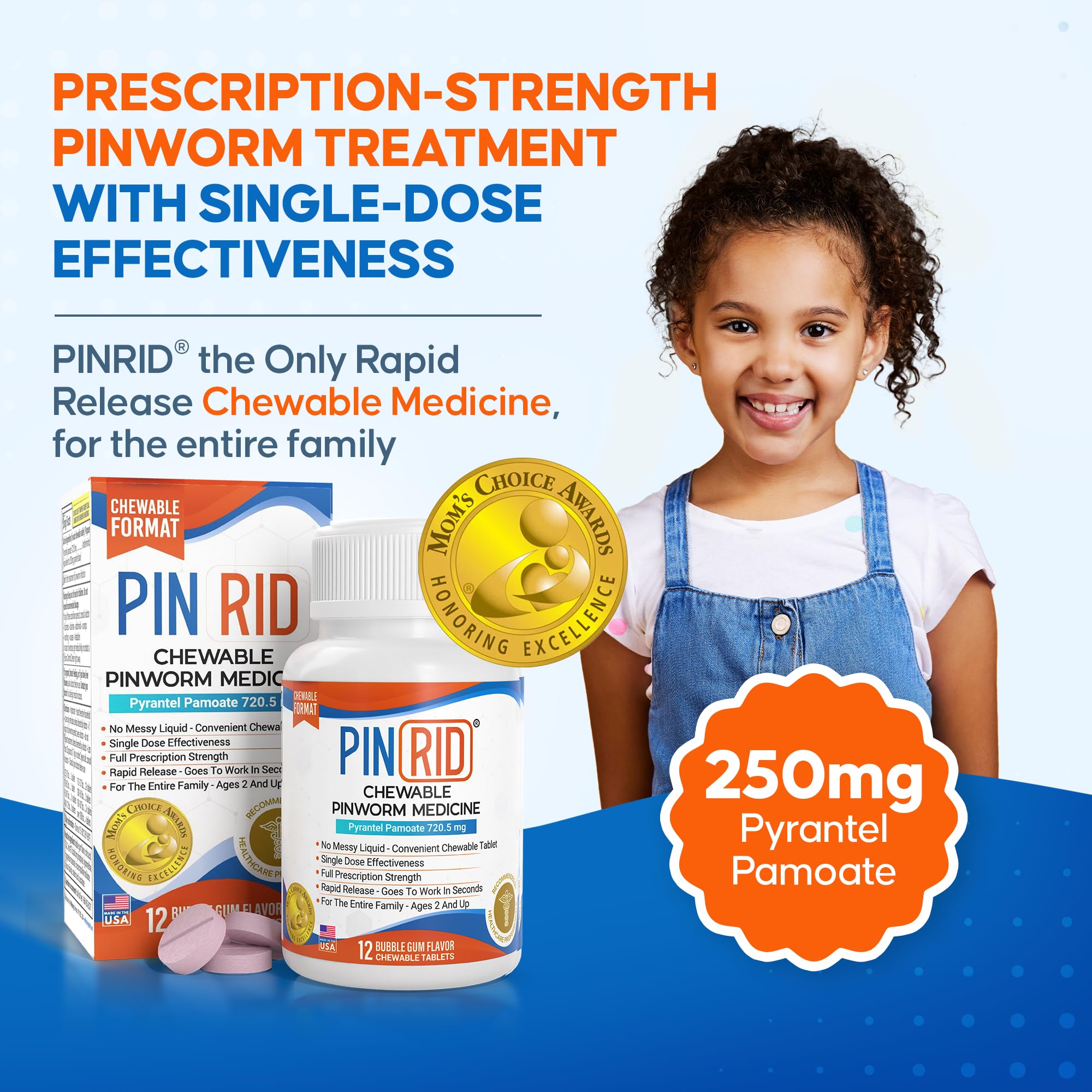 PIN RID - Pinworm Medicine for Family 2+, Bubble Gum Chewable Tablets (12 Doses) - 250mg Pyrantel Pamoate - Single-Dose Parasite Cleanse for Humans - Allergen Free