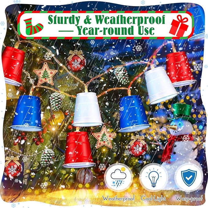 Hiboom Red White and Blue Cups Light, Christmas Shot Cups Fairy String Lights Battery Operated LED for 4th of July Independence Day Christmas Decor Memorial Day Bar Graduation RV Party(1 Pack)