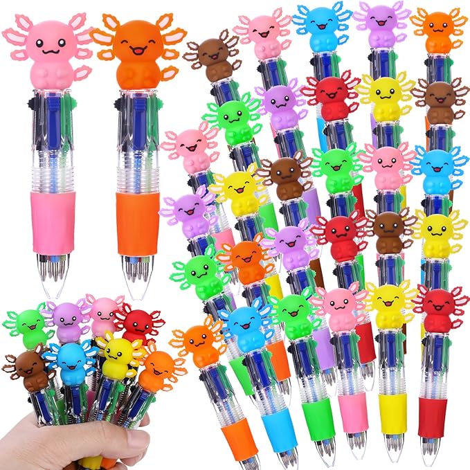 36pcs Fun Party Favor Pens Axolotl Mini Multicolor Pens in One 4-in-1 Bulk Kawaii Axolotl Cute Writing Stationery for Birthday Gifts Party Favors Supplies Rewards Holiday Gifts