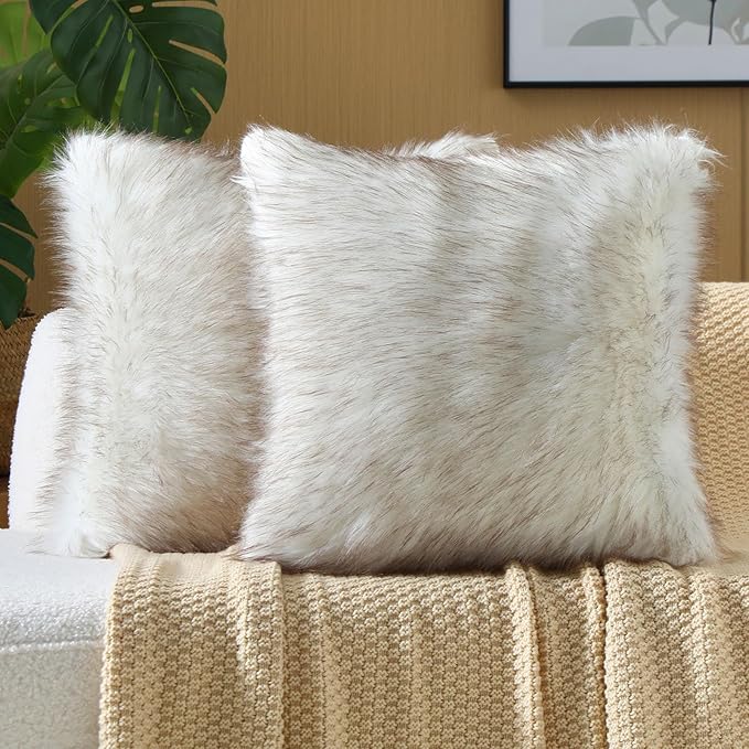 FUTEI Coffee White Decorative Throw Pillow Covers 26x26 Inch Set of 2,Soft Fluffy Faux Fox Fur Textured Euro Pillow Shams,Modern Home Decor for Couch Living Room