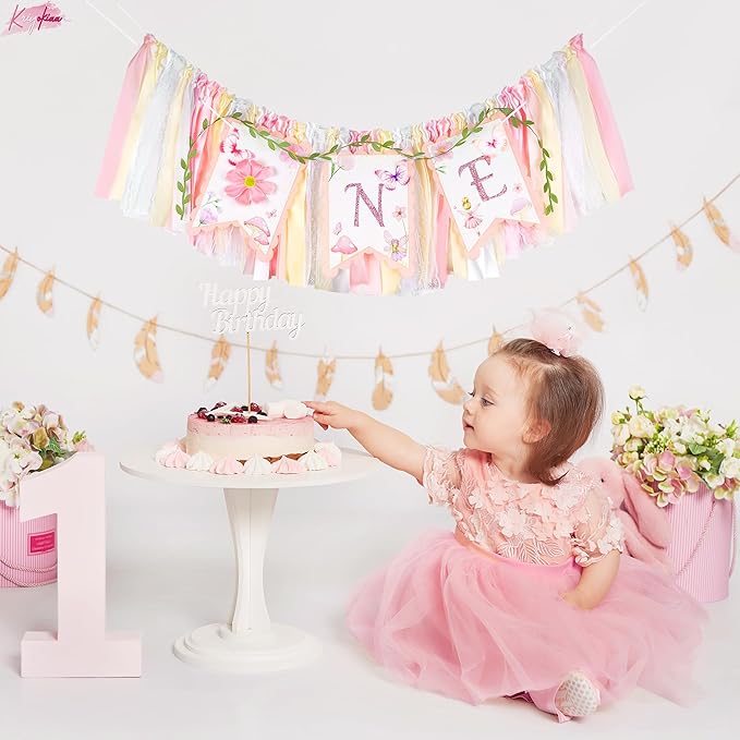 Highchair Banner 1st Birthday Girl Floral and Butterfly Fairy Theme First Birthday Party Decoration for Photo Background