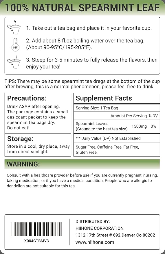 Spearmint Leaf Herbal Tea - Caffeine Free, 40 Tea Bags