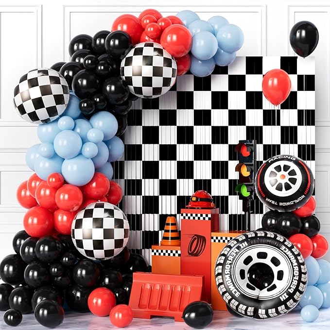 128pcs Race Car Balloon Garland Arch Kit, Red Blue Black Balloons Black White Checkered Tassel Background and Aluminum Foil Tire Balloon for Race Car Birthday Decorations Two Fast Birthday Decor