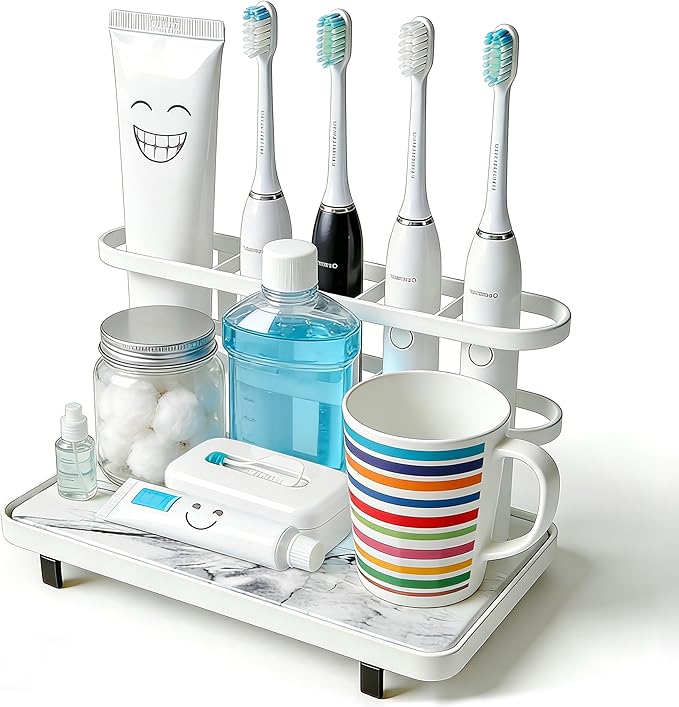 Electric Toothbrush Holders for Bathrooms, Bathroom Counter Organizer with Quick Dry Diatomaceous Earth Mat, 5 Slots Toothbrush and Toothpaste Holder White, for Bathroom Sink Organizer Countertop