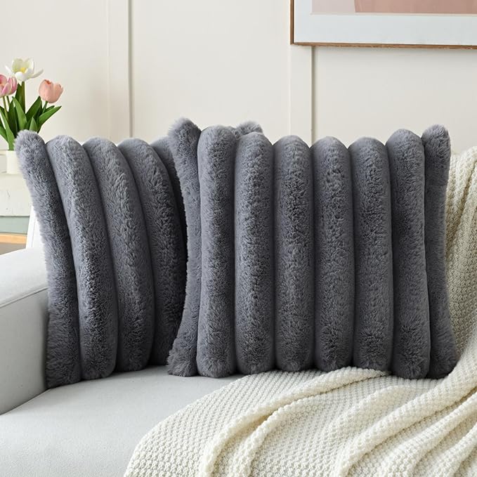 FUTEI Grey Decorative Throw Pillow Covers 24x24 Inch Set of 2, Square Soft Faux Rabbit Fur Thick Striped European Cushion Covers,Winter Home Decor for Couch Bed Living Room
