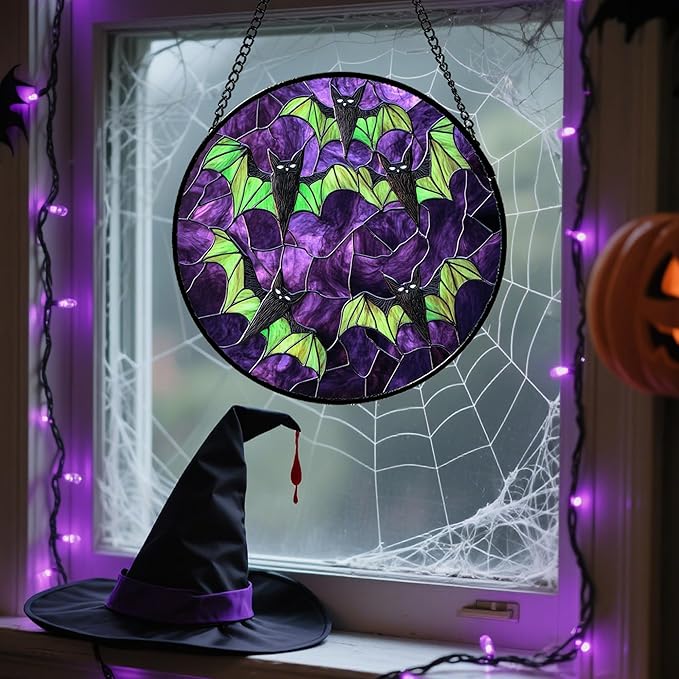 Stained Glass Window Hanging - Halloween Decorations Black Bat with Green Wings Suncatcher for Doors Garden Indoor Spooky Sun Catchers Gothic Decor Horror Gifts for Women Men Friend 11.8 in