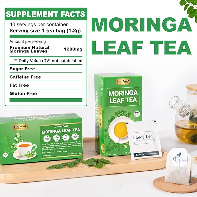 LeafLea 40 Moringa Tea Bags, 100% Natural and Pure Moringa Leaf Herbal Tea, Supports Digestion and Immune Health, Caffeine-Free, Sugar-Free, Vegan
