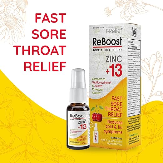 MediNatura ReBoost Zinc +13 Maximum Relief for Sore Throat Fast-Acting Natural Homeopathic Ingredients Help Calm Cold & Flu Symptoms - Cherry Spray - 0.68 oz