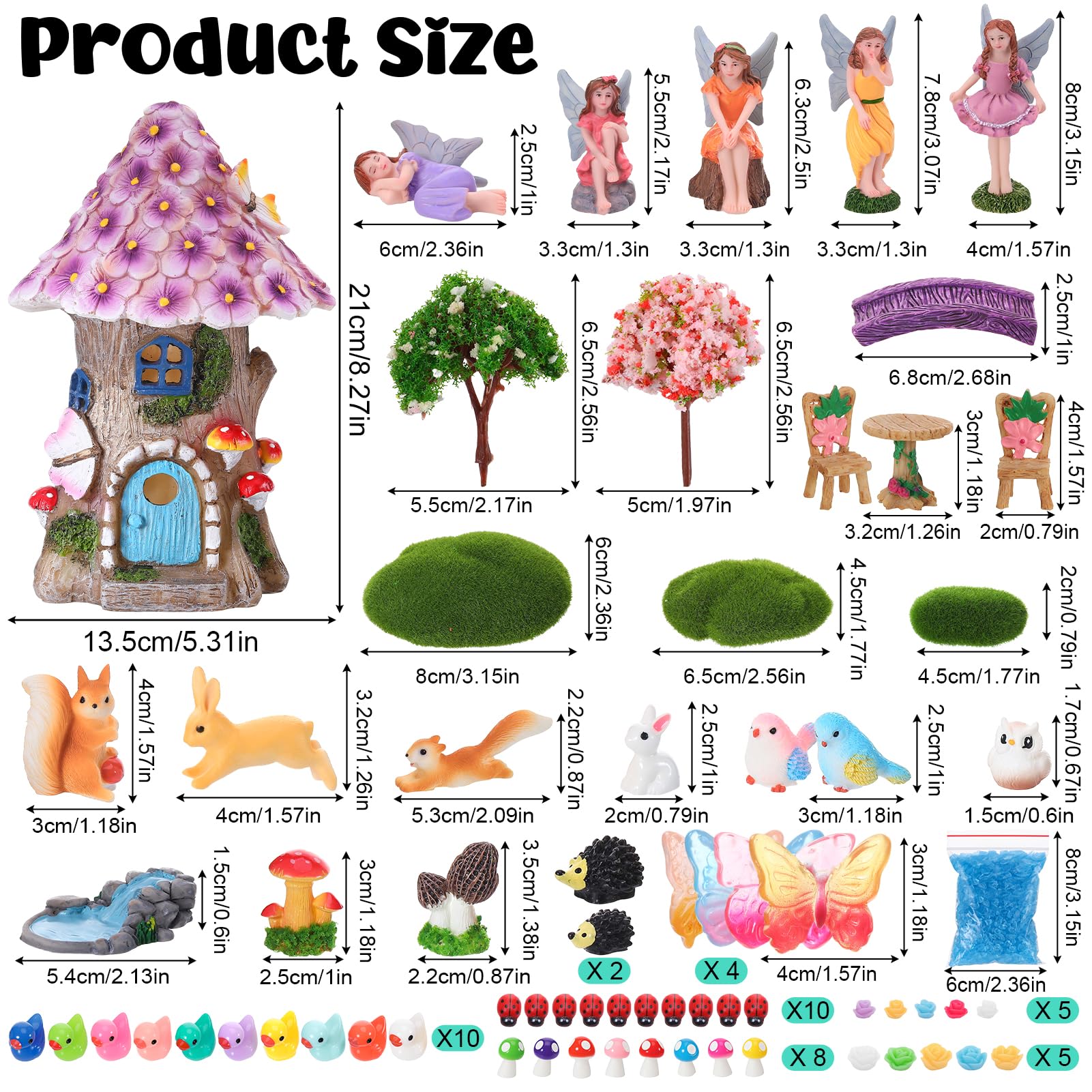 GGSTDDUP 70 Pcs Fairy Garden House Resin Kit Glowing Tree House Miniature Garden Fairy Animals Garden Accessories Decor Outdoor Mini Landscape Ornaments