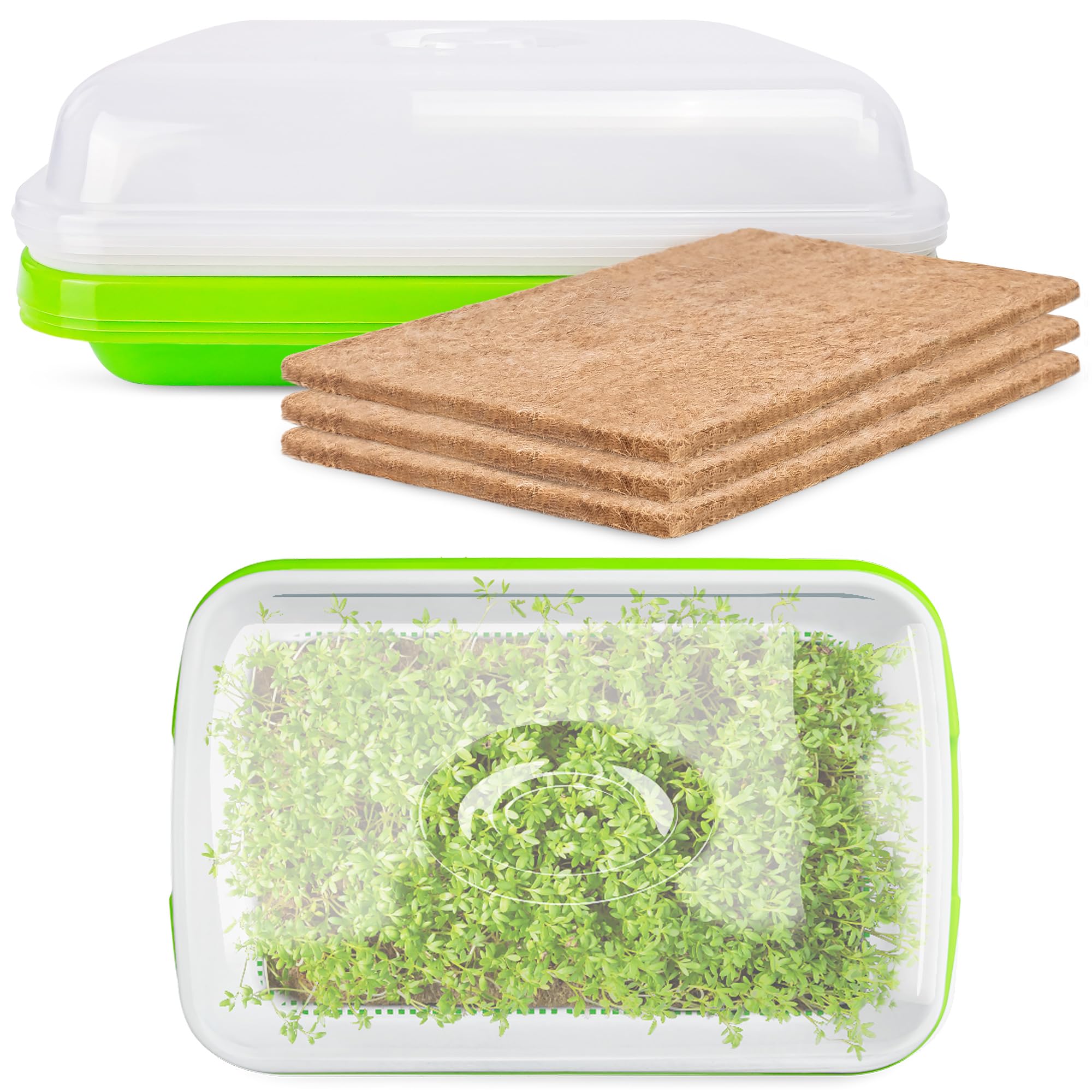 Microgreens Growing Trays with Lids and Coconut Fiber Mat,Seed Sprouter Tray with Drain Holes,Seed Starter Tray Reusable,Microgreens Growing Trays,Cat Grass Growing Kit for Indoor Cats (Pack 3)