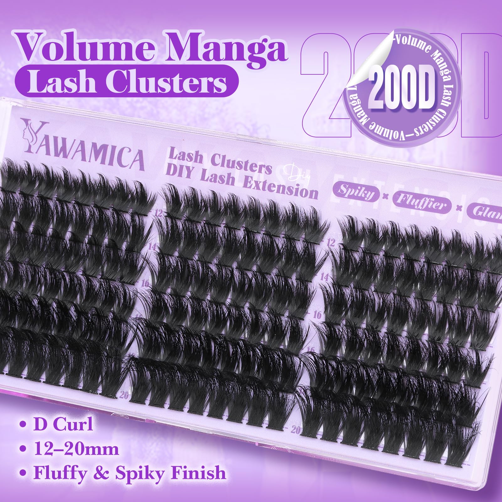 Spiky Lash Clusters Volume Eyelash Clusters Wispy Lashes Clusters Manga Cluster Eyelash Extensions 12-20mm D Curl Individual Lashes 200D Fluffy Cluster Lashes for DIY Lash Look by Yawamica