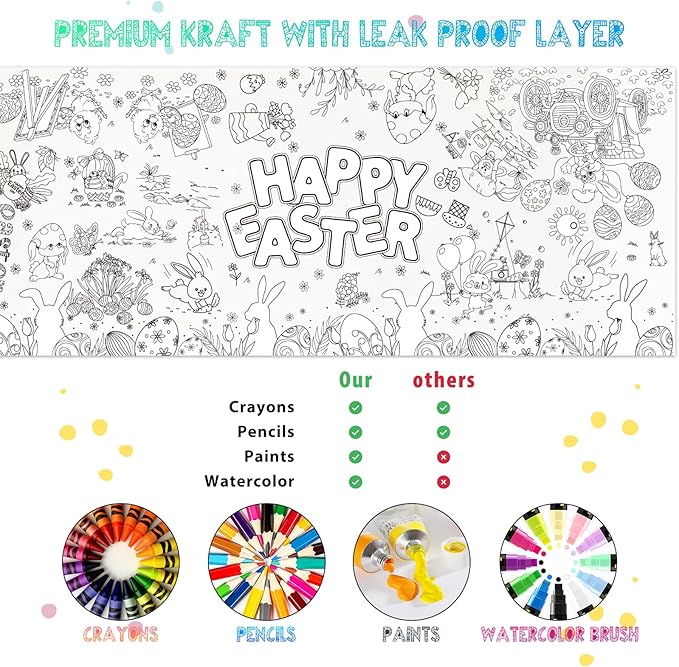 Tbsone Easter Coloring Tablecloth Poster, 72x30 Inch Spring and Easter Paper Crafts for Kids, Games Activities Party Decorations