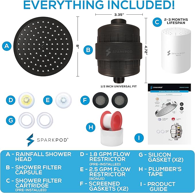 SparkPod Luxury Filtered Shower Head Set 23 Stage Shower Filter - Reduces Chlorine and Heavy Metals - High Pressure Showerhead Filter (8" Round, Vintage Oil-Rubbed Bronze)