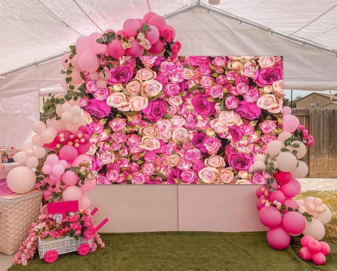 5x3FT Pink Rose Flower Wall Backdrop Spring Tea Party Photography Background Girls Princess Birthday Wedding Mothers Day Baby Shower Dessert Cake Table Decoration Banner