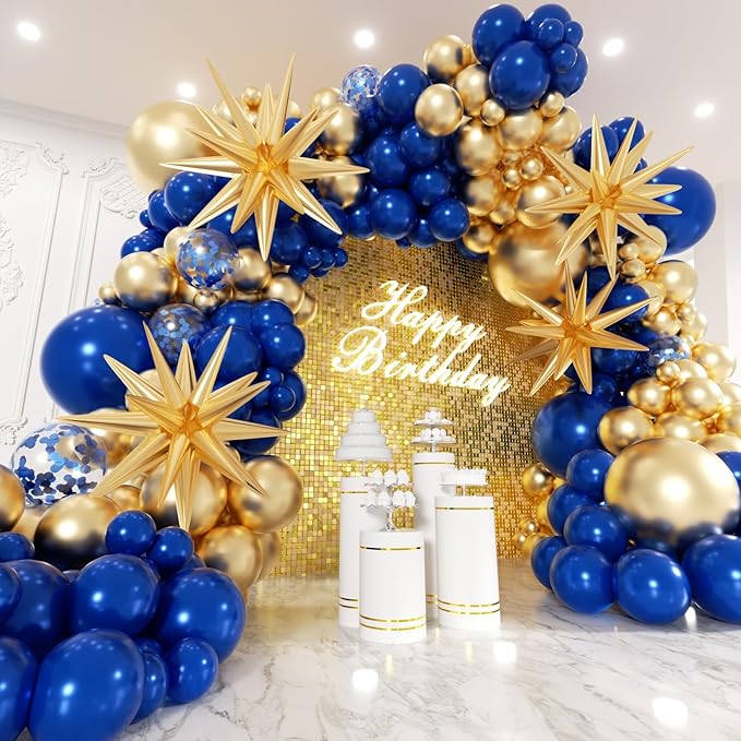 Navy Blue and Gold Balloons Garland Arch Kit with Stars 200Pcs -5 10 12 18 22 inch Balloon and Confetti Latex Balloons for 2025 Graduation Birthday Anniversary New Year Prom Party Decorations